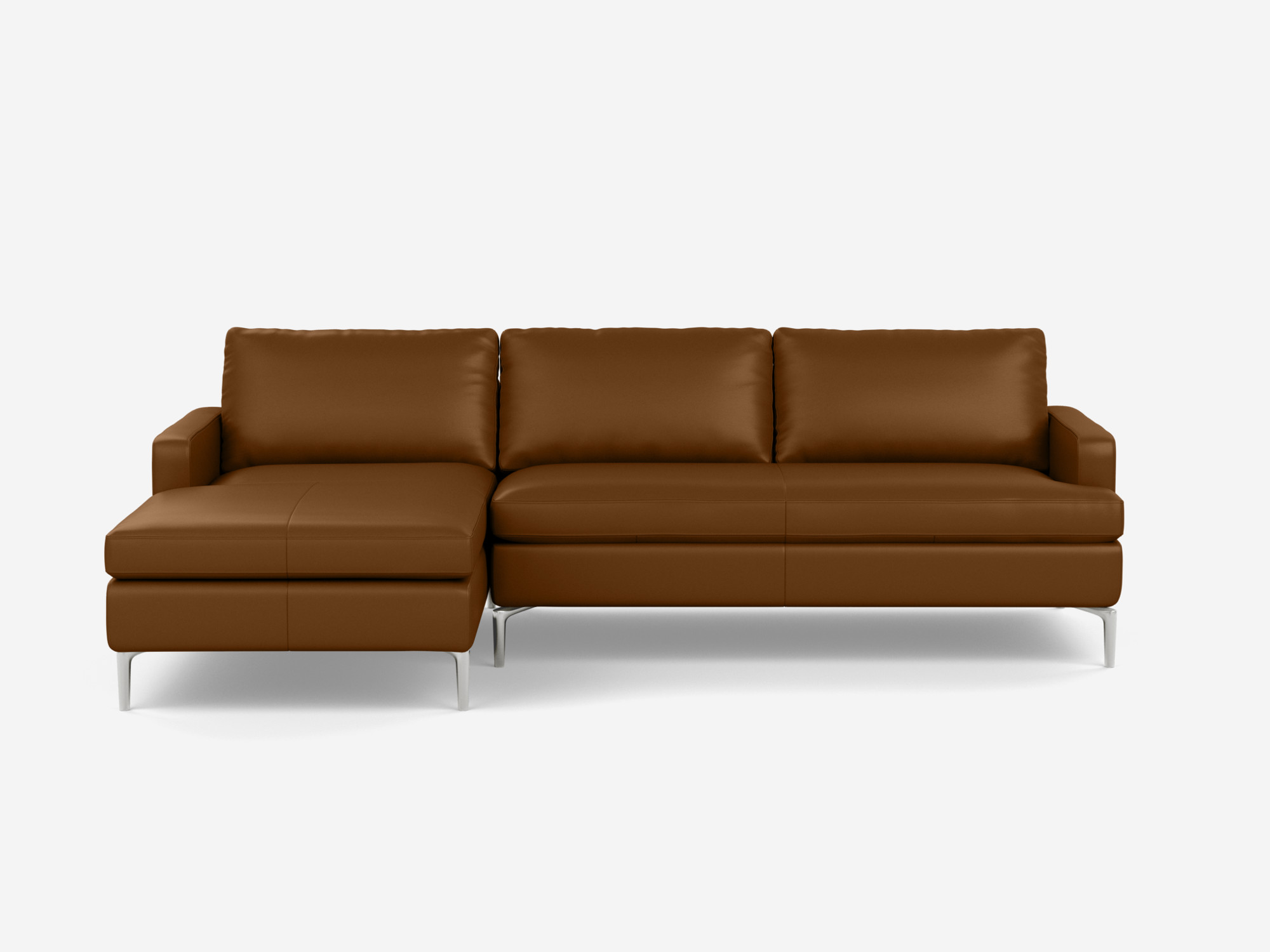 Front view of the Eve Grand modular sofa in brown leather with left hand chaise